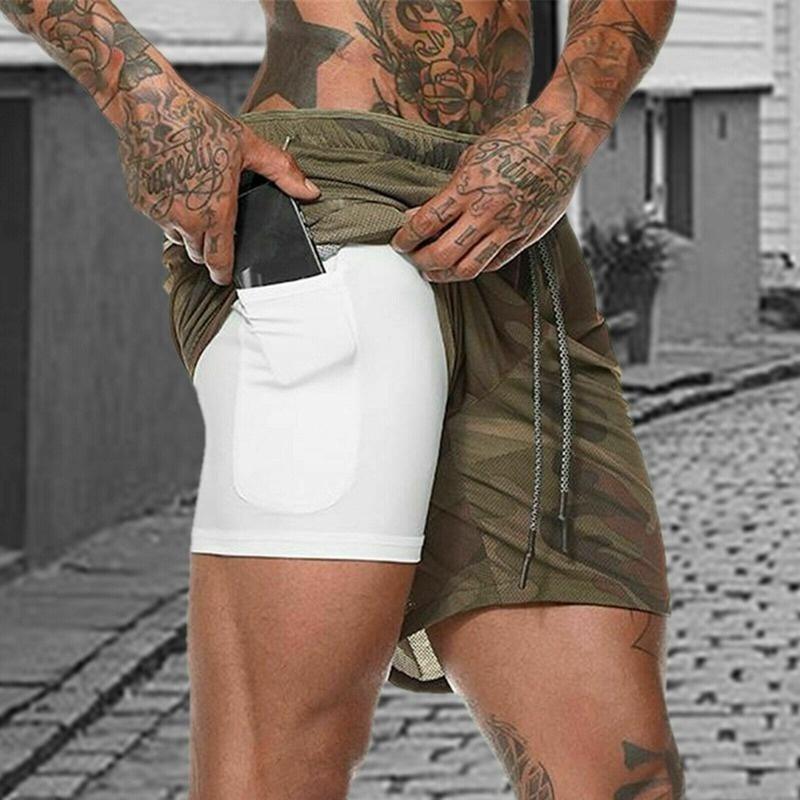 Mens Sports Gym Running Shorts Dual Layer Drawstring Quick Dry with Pocket Pants