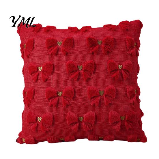Decorative Throw Pillow Covers Plush Cover, Heart Embroidery Cushion Case with 3D Bowknot Jacquard, Holiday Party Atmosphere Decor Soft Fluffy