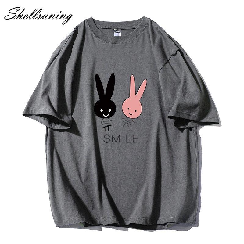 Shellsuning Cute Bunny Graphic Printed T Shirts Women Summer Casual Loose O Neck Short Sleeve Tees Female Trendy 100% Cotton Tops Lady