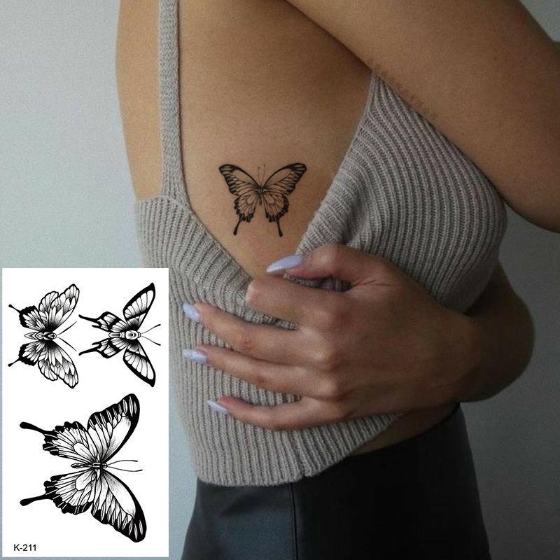 English Letter & Flower Butterfly Tattoo Stickers - Waterproof & Sketch Line Design