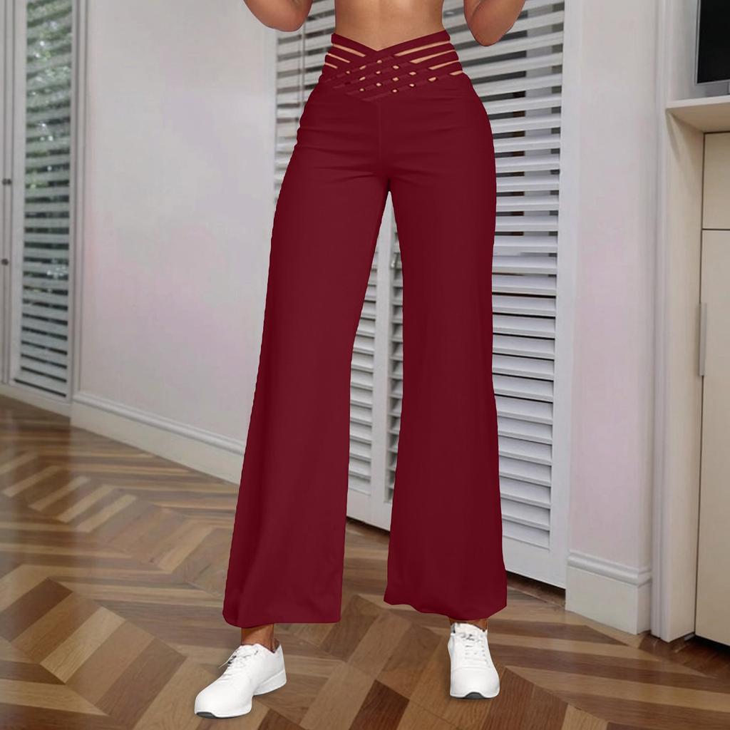 Women's Hollow Belt Trousers Temperament Flared Trousers High Waist Casual Wide Leg Pants