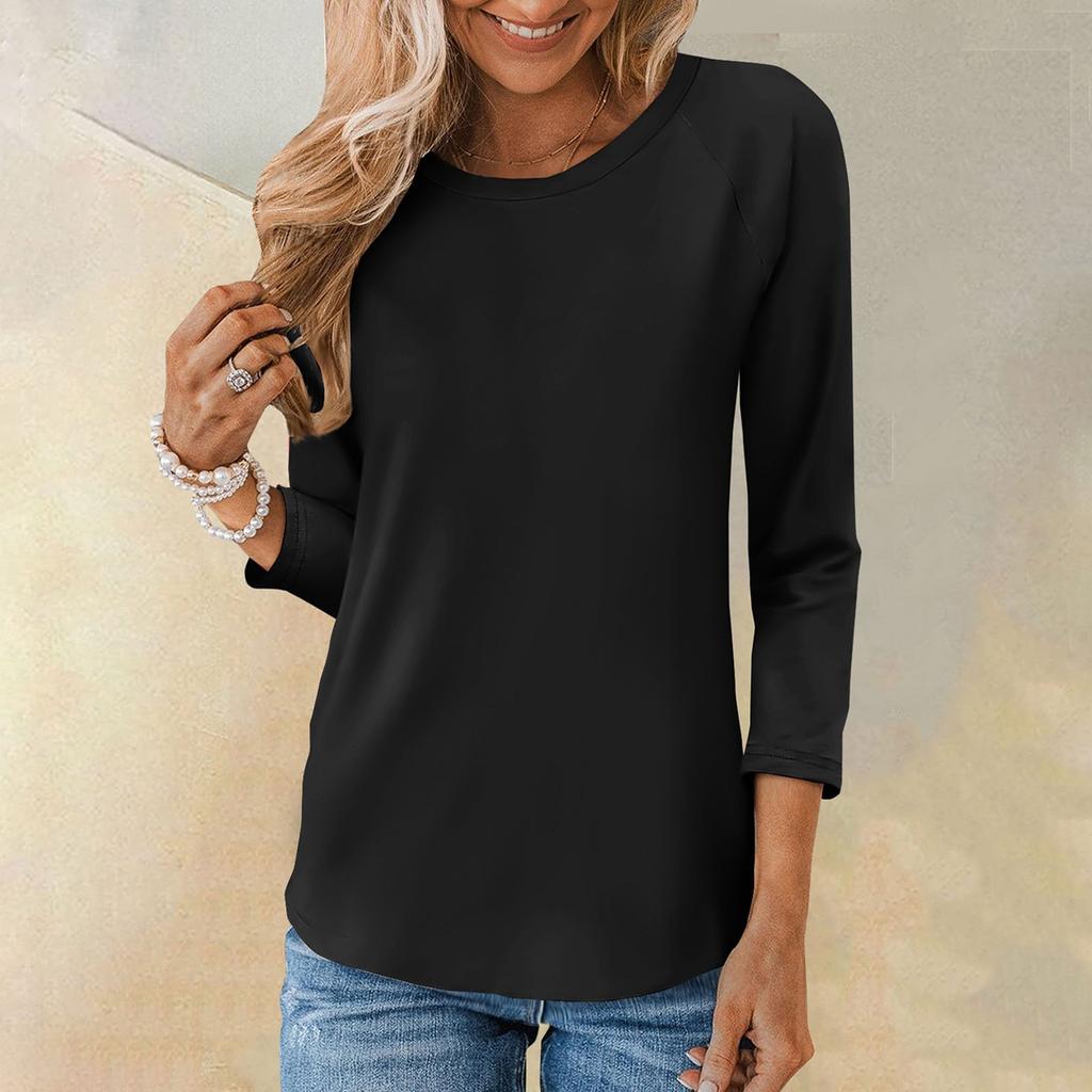Рубашка для женщин, модная повседневная свободная однотонная футболка с рукавами реглан и круглым вырезом, рукав 3/4, женский топ
