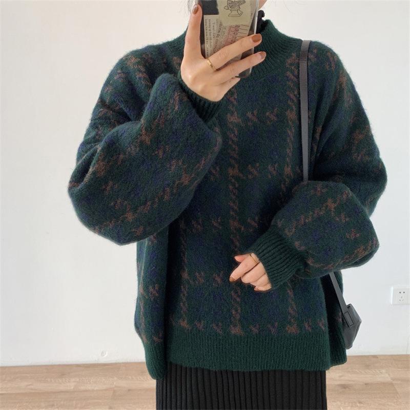 Women Thickened Retro Contrast Color Knitted Sweater Houndstooth Winter Loose Round Neck Pullover