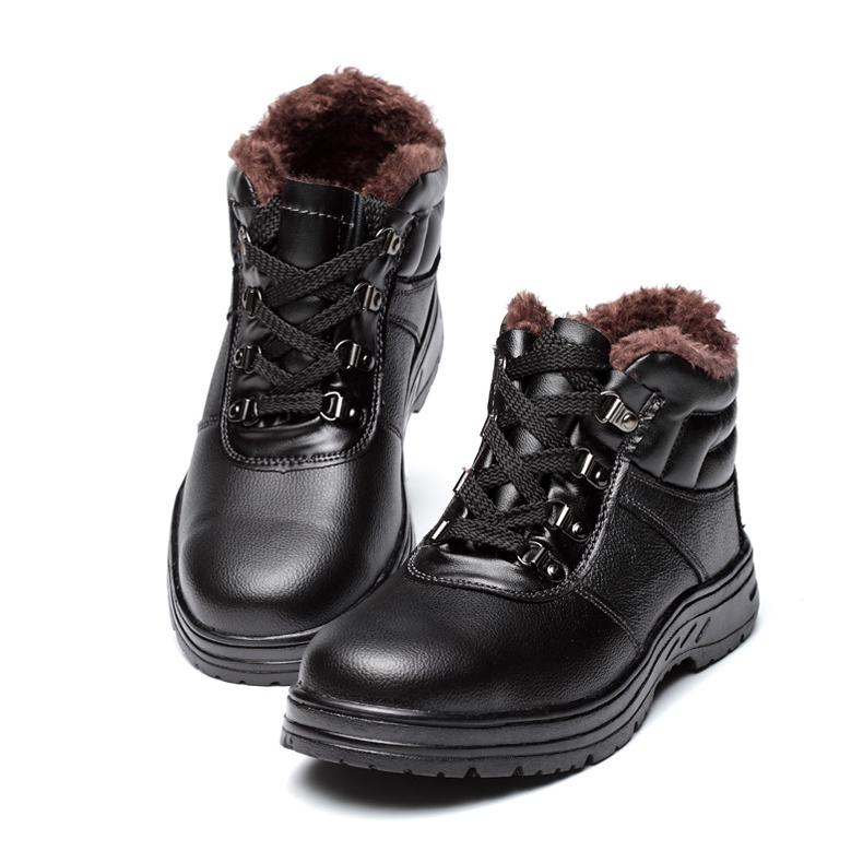 Winter Black Ankle Leather Safety Shoes Men Waterproof Shoes Thermal Cotton Boots