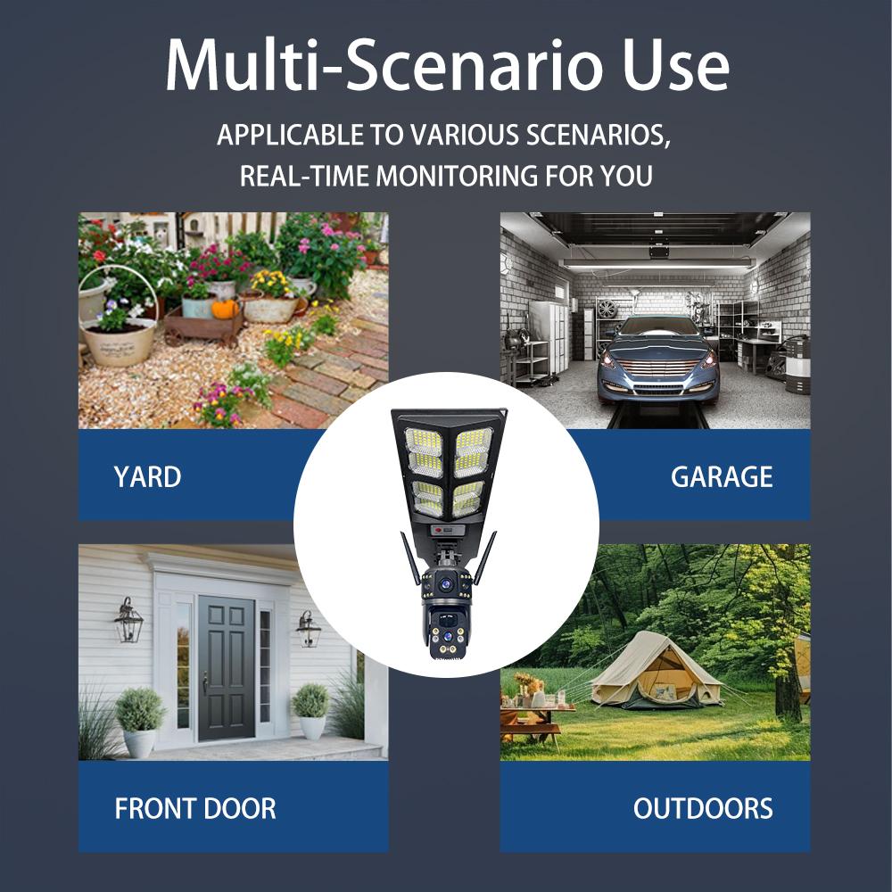 Multi-functional Solar Street Light with PIR Sensor Dual-lens Monitoring, Intelligent Lighting, Wireless WIFI/4G Camera