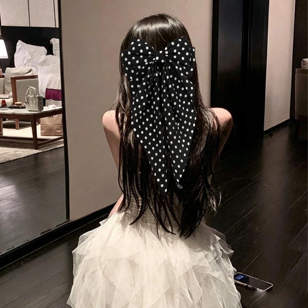 Floating Ribbon Polka Dot Hair Clip Barrette Hair Accessories Back of Head Styling