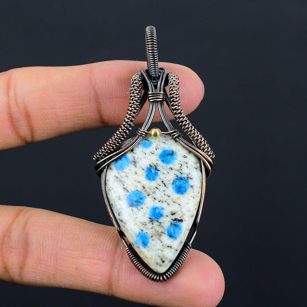 K2 Azurite Gemstone Pure Copper Wire Wrapped Handmade Pendant Jewelry