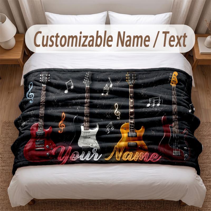 Music Guitar Theme Soft Blanket Personalized Custom Name Text Print Warm Blanket Home Sofa Bedroom Decor