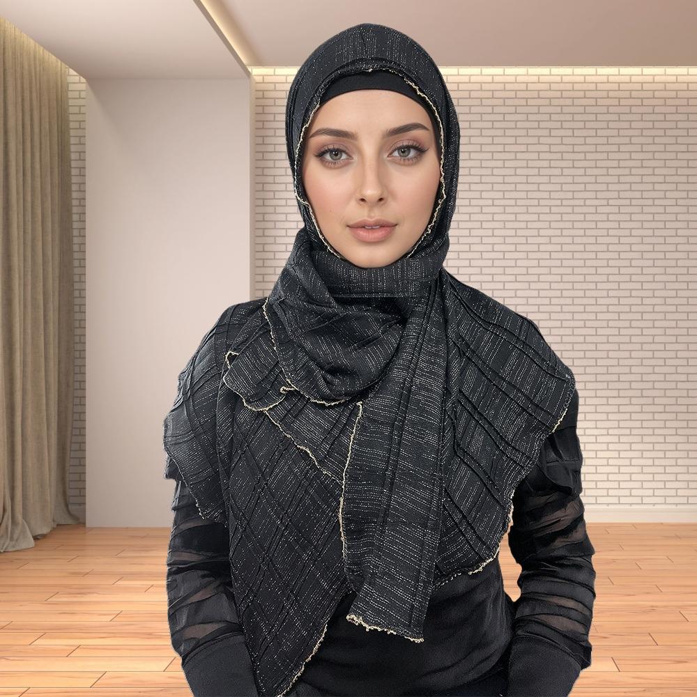 Good Quality Luxury Silver Thread Crepe Plaid Shawl Scarf Polyester Gilt Shiny Headscarf Head Covering Women Hijab