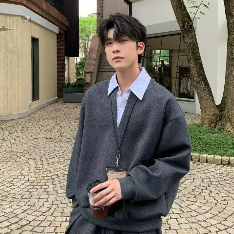 Mens Fake Two-Piece Hoodie 2026 Turn-Down Collar Loose Top Chic Streetwear