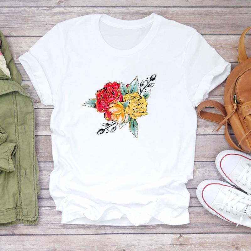 (Азиатский размер) Футболка, верхняя одежда, милый цветочный тренд, милая женская футболка с коротким рукавом и принтом, женская модная футболка, повседневная футболка с рисунком