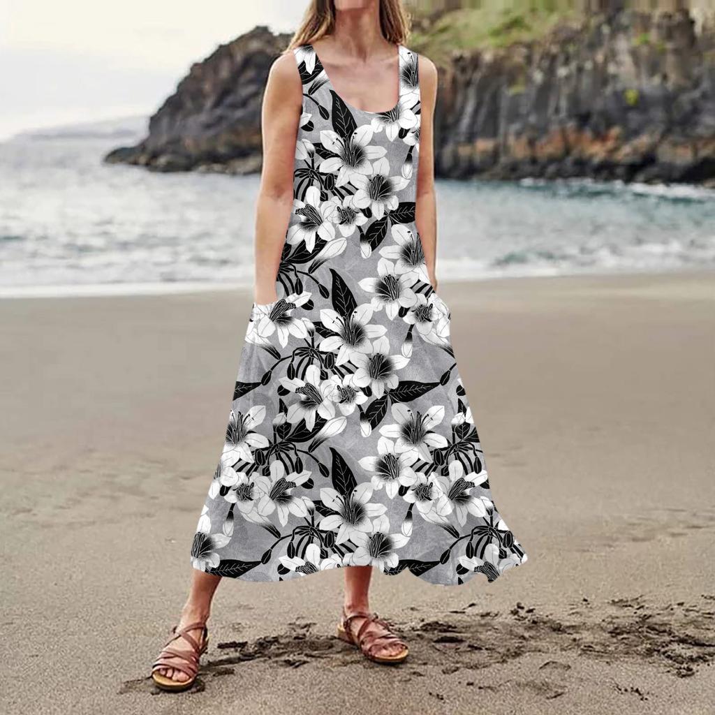 Женское повседневное удобное хлопковое карманное платье без рукавов с цветочным принтом