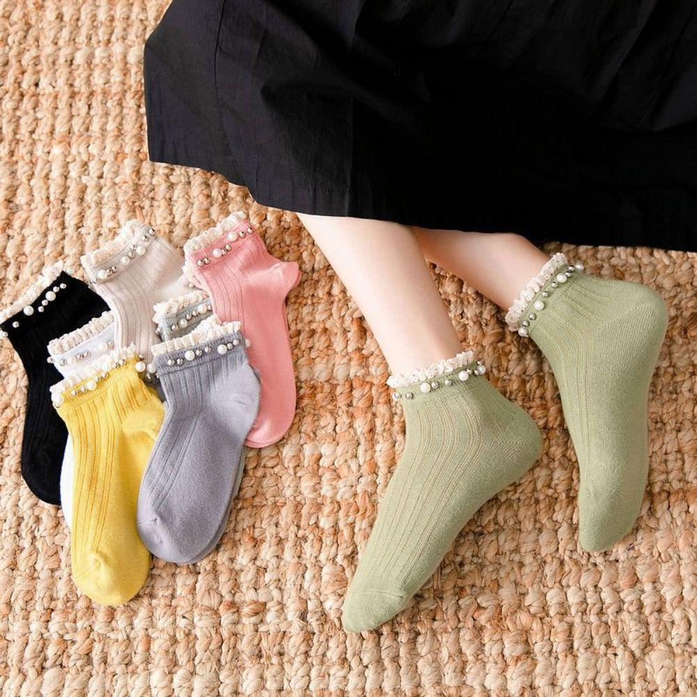 1Pair Elastic Women Ankle Socks Candy Color White Frilly Socks Princess Dress Socks Women Girls