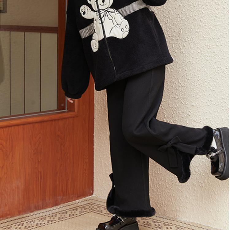 Японские повседневные брюки в стиле Лолита в стиле кавайи для женщин, теплые плюшевые брюки в корейском стиле, женские свободные брюки с милым бантом, широкие брюки для зимы