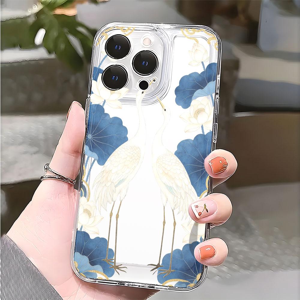 Cranes and Lotus Flowers lucency Phone Case for IPhone 14 15 16 13 12 11 17 Pro Max 12 13 Mini Soft Cover
