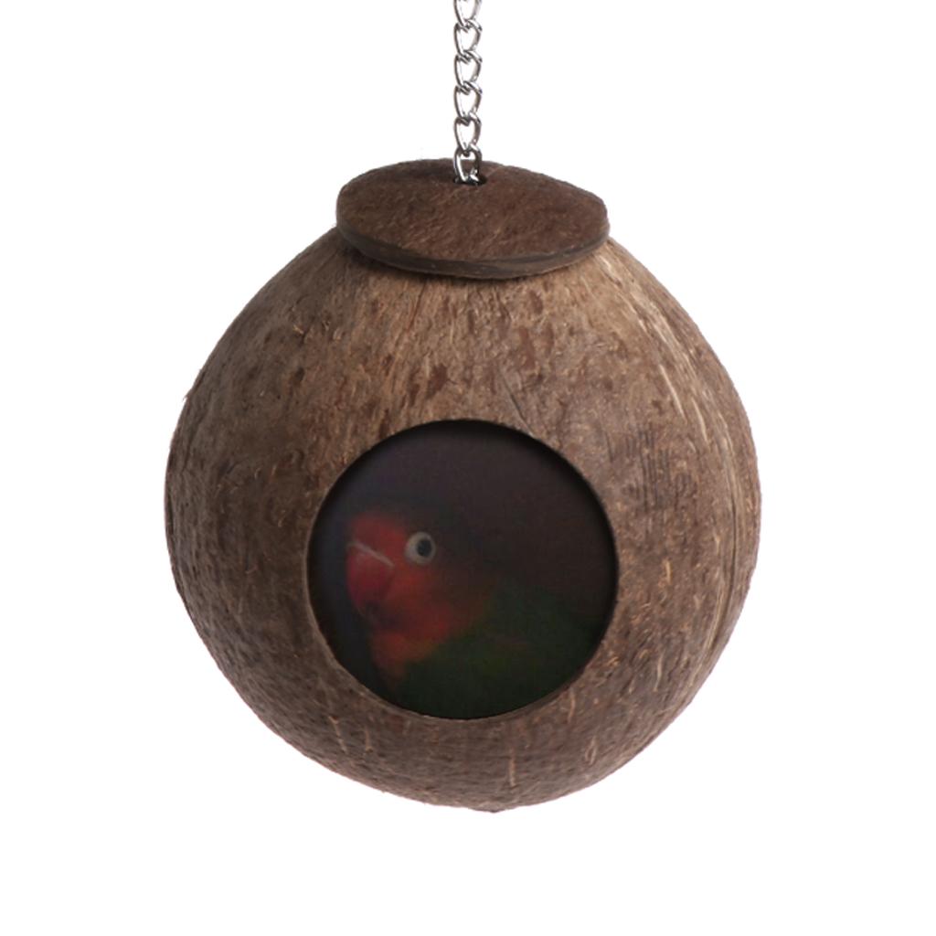 Natural Coconut for Shell Bird Nest House Hut Cage Feeder Toy with Hanging Lanyard for Pet Parrot