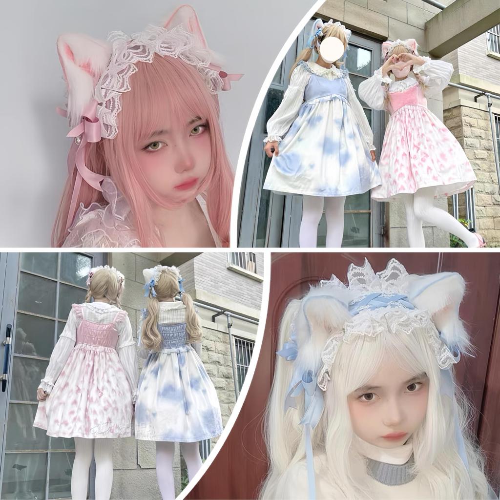 Headdress Cat Ears Cat Ears Headband Lolita Ribbon Hair Accessory Hair Ornament Bowknot Lace Cat Ears Gothic Lolita Maid Mori Girl Head Accessory Cute