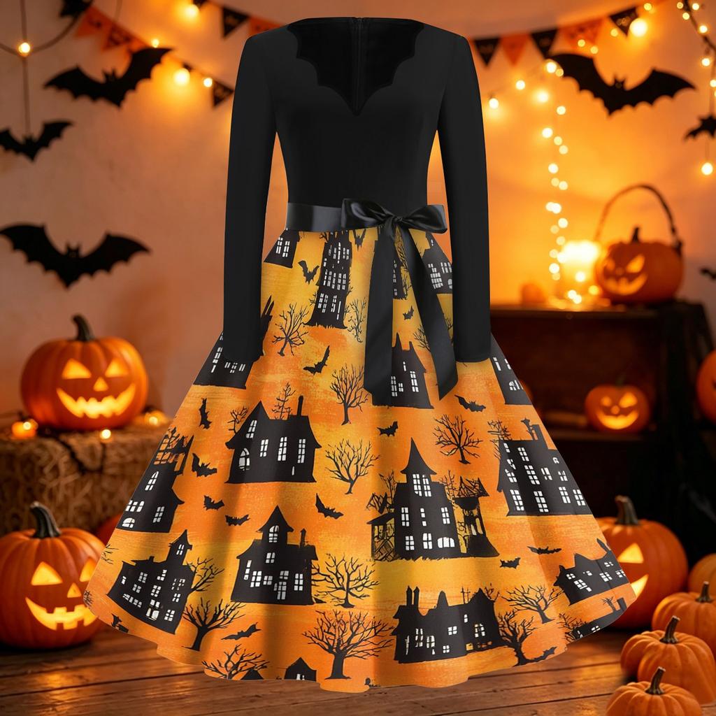 Women Casual Halloween Print V Neck Vintage Dress Long Sleeve Fit Flared Waist Tie Retro Style Swing Skirt Dress