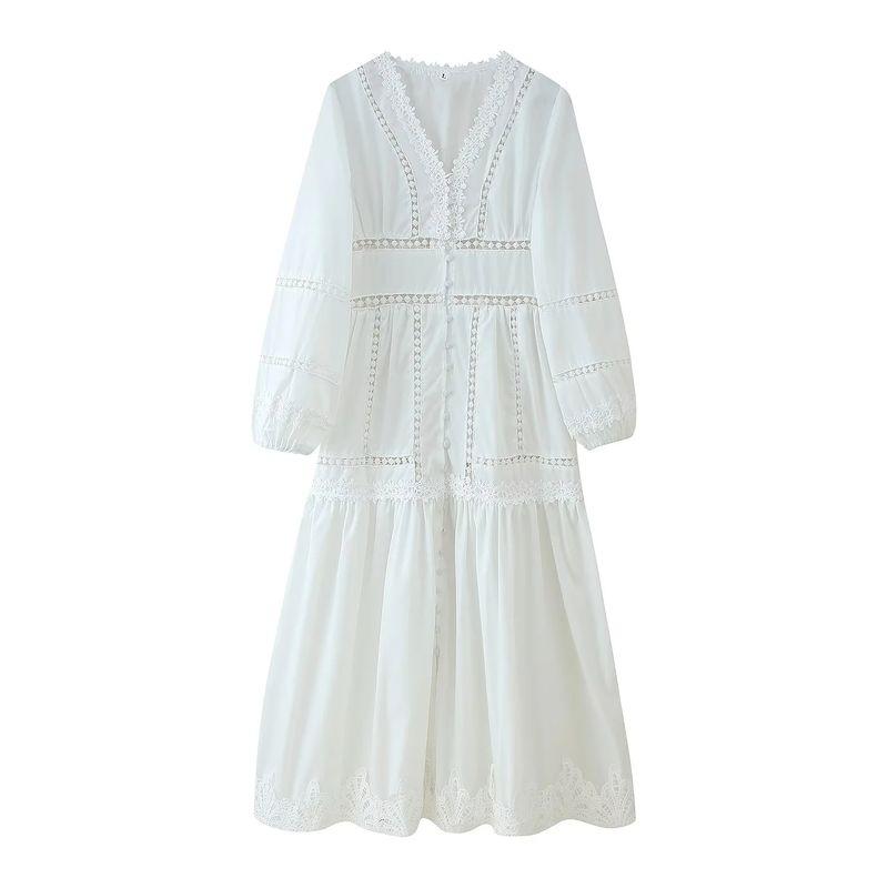 Summer New Product Women's Clothes Minimalist Style Cut Out Lace Decoration V Neck Long Sleeves Loose High Waist a Word Length Dress