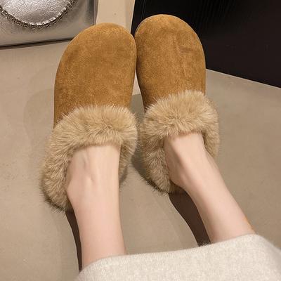 2025 осень и зима новая верхняя одежда сумка голова пушистые тапочки женские круглый носок плоская подошва полутапочки плюшевые пушистые женские туфли