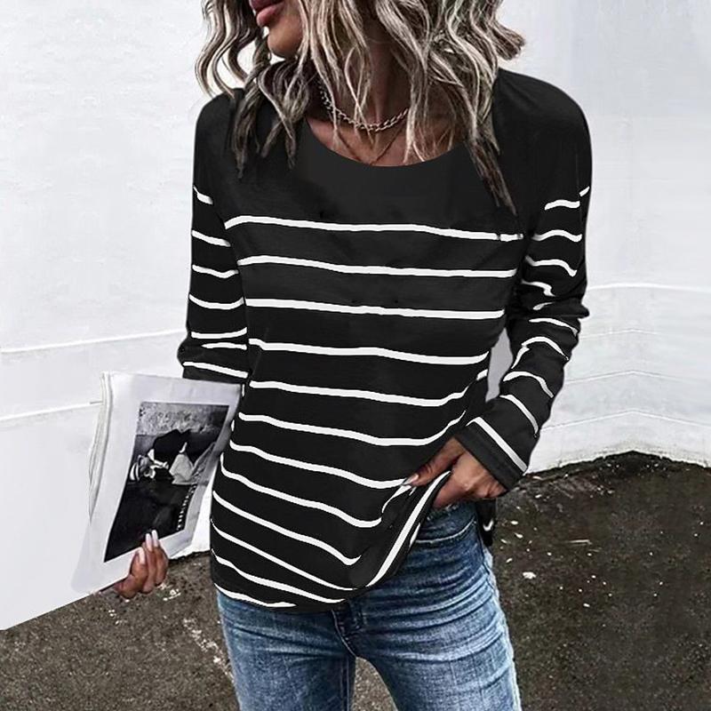 Women Autumn Tops Thick and Thin Lines Print Causal Long Sleeve T-shirt Top Blouse