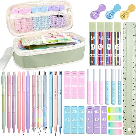 Mechanical Pencil Set with Pink Pencil Case,12X Pastel Mechanical Pencil 0.5mm-2.0mm with 564X HB+36X Color Leads for Writing, Drafting, Drawing,
