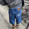 Мужские потертые джинсовые шорты со звездной вышивкой Прямой крой Средняя посадка Смесовый хлопок Стиль стритвир Повседневные брюки