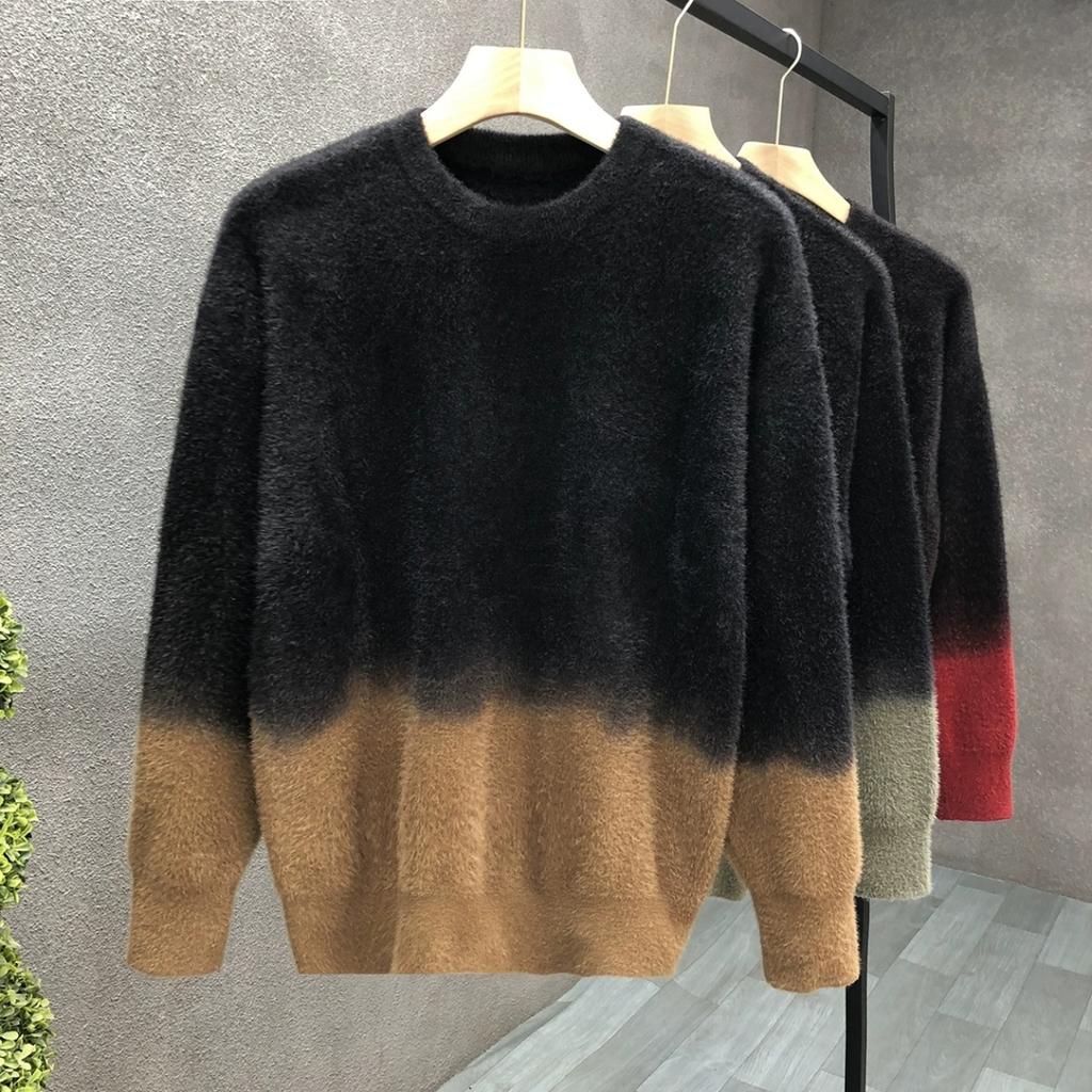 Осенне-зимний свитер с градиентными цветами, мужская модная утолщенная рубашка с круглым вырезом, легкий свитер для зрелого возраста и дикого стиля