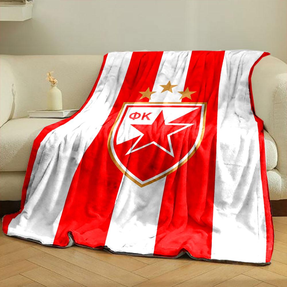 Vertical red and white stripes with a shield emblem and three stars. for all seasons blanket lunch break throw gift