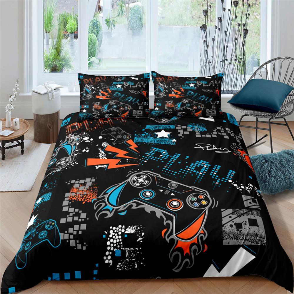 Gamer Duvet Cover Set 3D Print Boys Playroom Black Button With Controller King Queen Size For Boys Teens Polyester Bedding Set