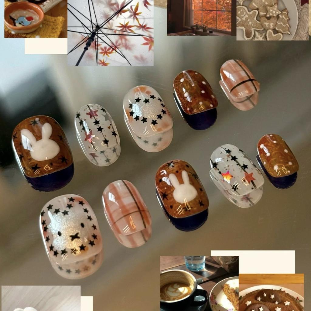 24 шт. Накладные ногти Maillard Ins Милый Мультяшный Кролик Сладкая Звезда Сердце Короткие Квадратные Накладные Ногти Осень Зима Коричневые Клетчатые Накладные Ногти