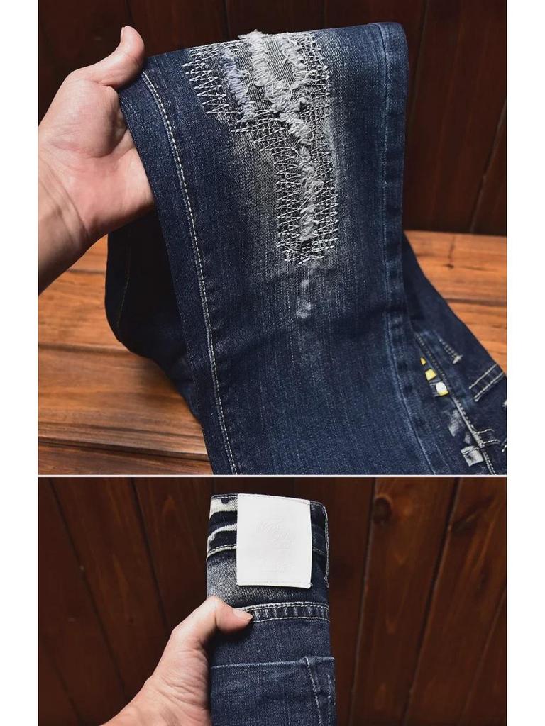 Мужские облегающие джинсы с вышитым цветочным узором, потертостями, заплатками и эластичной отделкой.