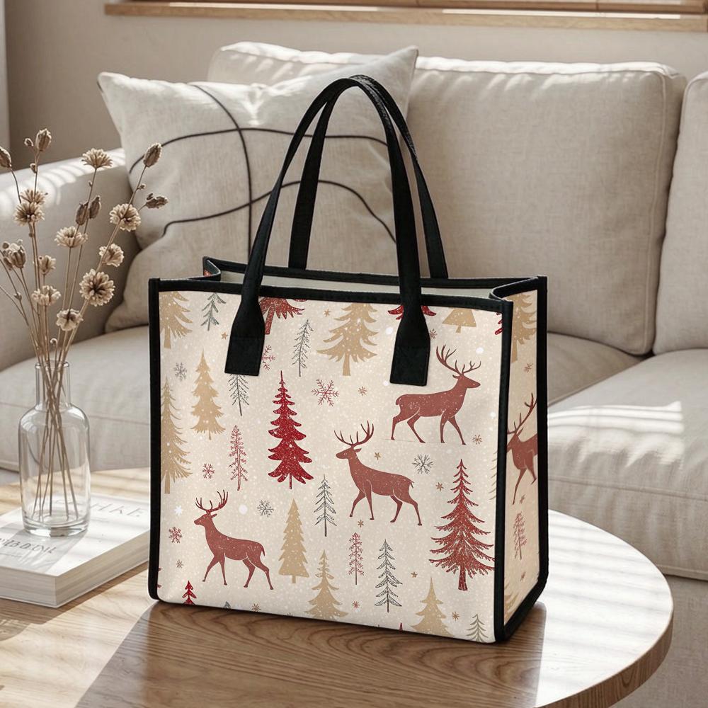 Christmas Elk Tree Tote Bag Winter Daily Portable Shopping Handbag Large Capacity Fashion Casual Shoulder Bag