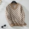 V-neck Sweater Loose Pullover Checkerboard Color Block Sweater for Women