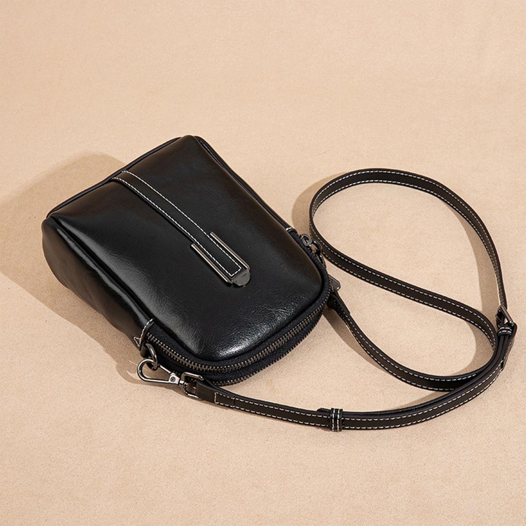 Винтажная вощеная коровья кожаная сумка через плечо для мобильного телефона с двойной молнией