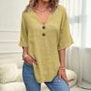 Women Summer Tops V-Neck Half Sleeve Casual Solid Color Tee Shirt Buttons Decor Loose Fit