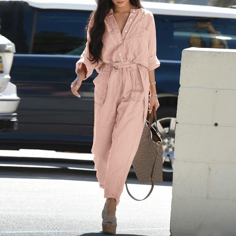 Women's Two-piece Lapel Long Sleeved Shirt Casual Solid Color Pants Wide Leg Set