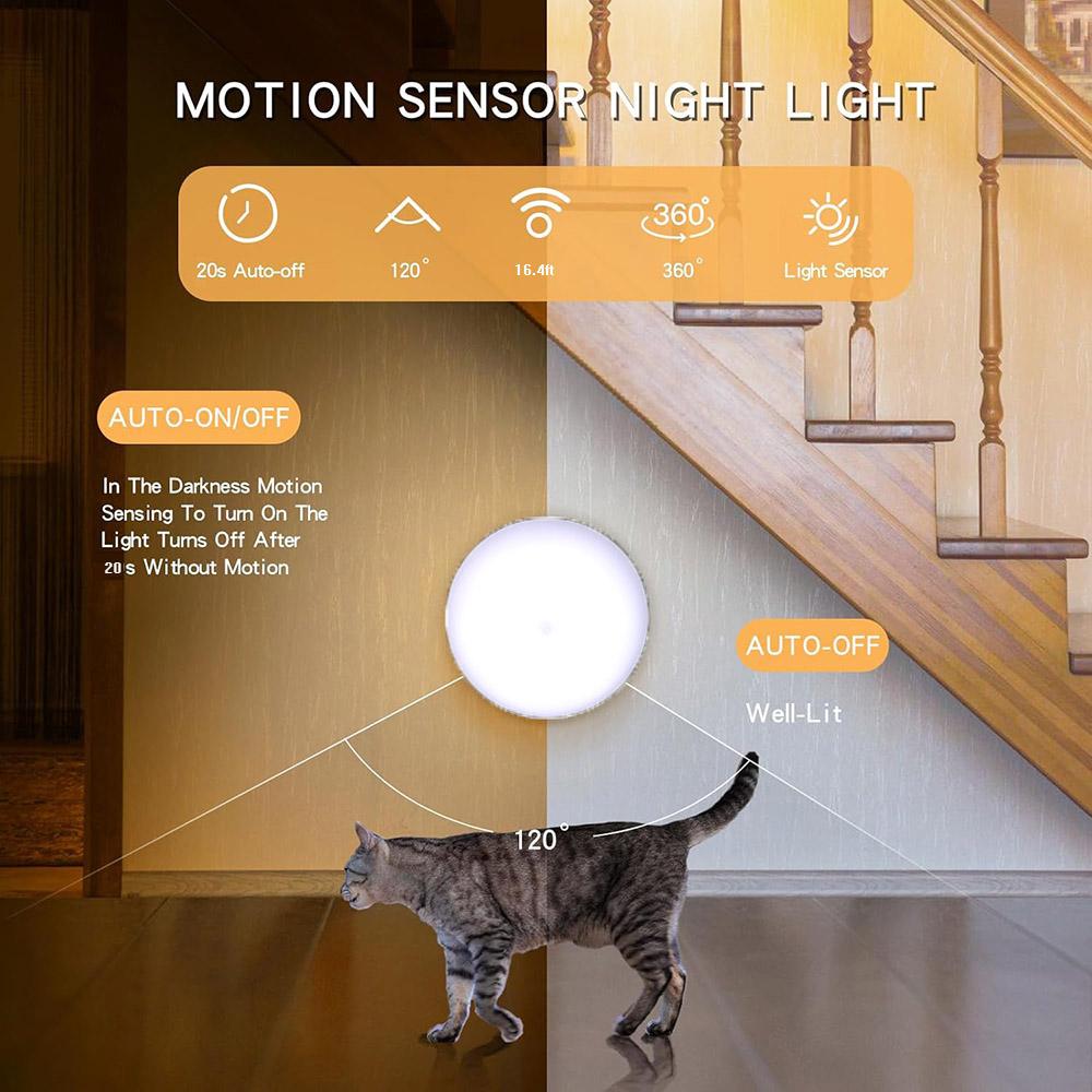 Ночник с датчиком движения, Вращающийся на 360° светодиодный ночник, Подсветка для шкафа, Портативный ночник на батарейках, Холодный белый