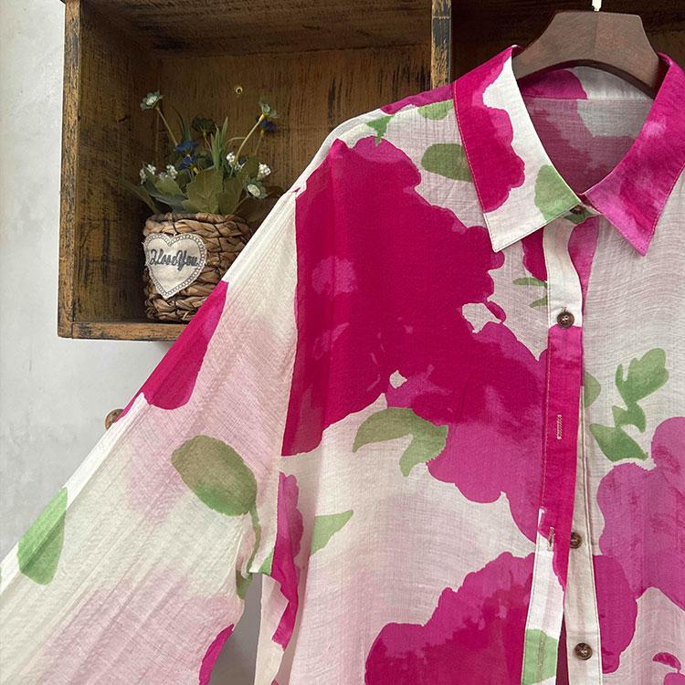 Dimanaf 2025 Весна Льняная Рубашка Длинный Рукав Женская Блузка Модные Розовые Цветочные Топы Свободные Новые