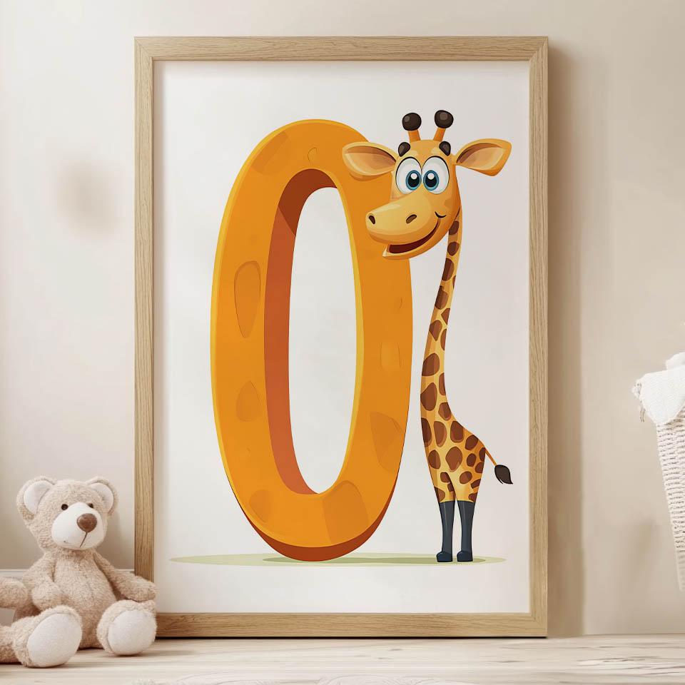 Plakat Uśmiechnięta Żyrafa Przy Literze "O Plakat Uśmiechnięta Żyrafa Przy Literze "O, 30X40 Cm, Rama Drewniana Jasny Dąb, Papier Matowy 230 Gsm