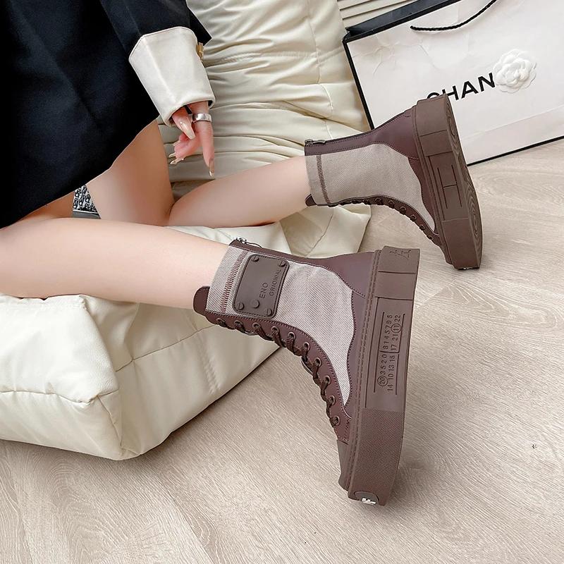 Модные высокие толстые парусиновые женские сапоги на толстой подошве 2024 года, осень, новые квадратные универсальные спортивные модные короткие сапоги на шнуровке для женщин