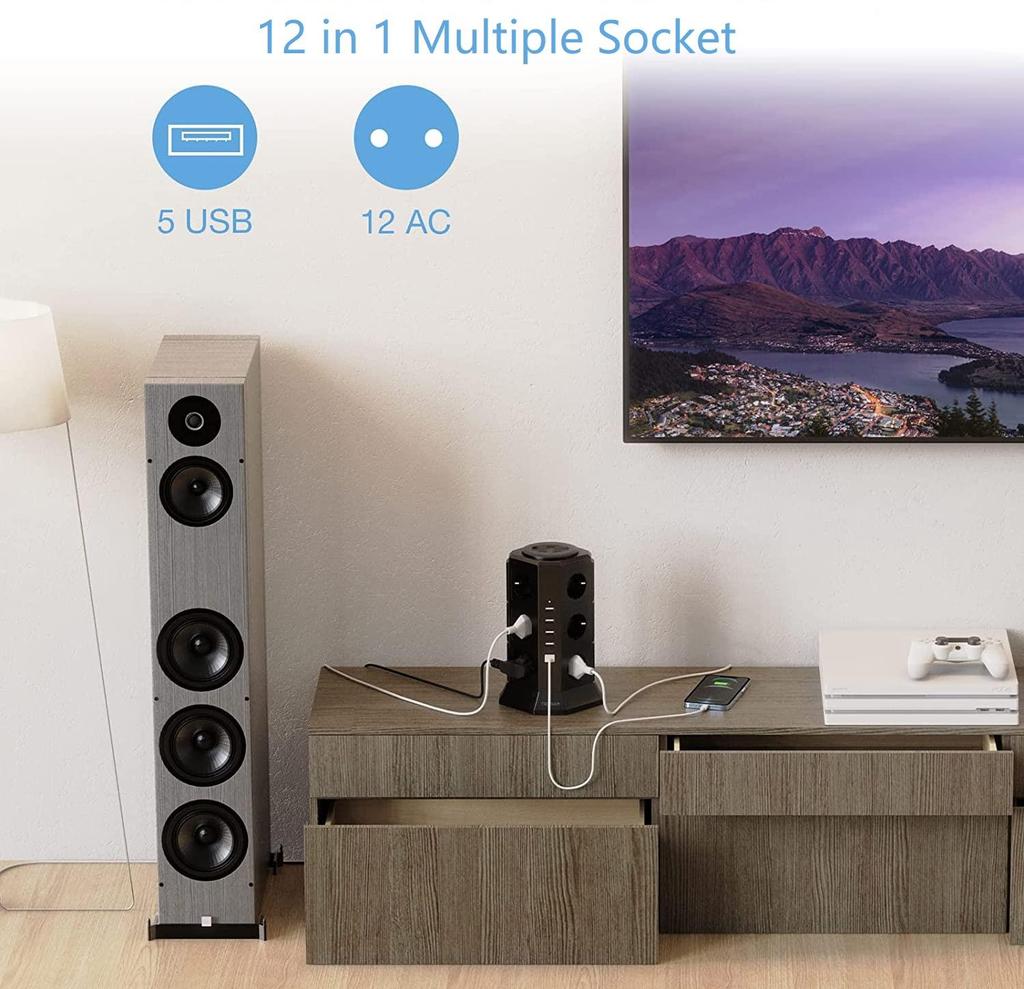 Tessan Удлинитель с несколькими розетками, 11-контактная башня с розетками (2500 Вт/10 А) с 3 USB-портами (5 В/3,1 А) и кабель 2,0 м для дома и офиса