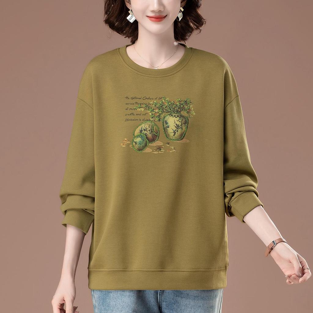 Plus Size Round Neck Printed Sweatshirt for Middle-Aged Women - Spring/Autumn Style, Loose Fit, Fashionable Mom Top