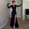 2024 Autumn Women's V-Neck Solid Color High Slit Long Dress - Sexy, Light, Mature Style