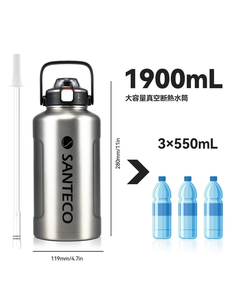 Бутылка для воды SANTECO с термоизоляцией, большой емкостью, термос 1900 мл с трубочкой, бутылка для питьевой воды из нержавеющей стали с вакуумной изоляцией, серебристого цвета