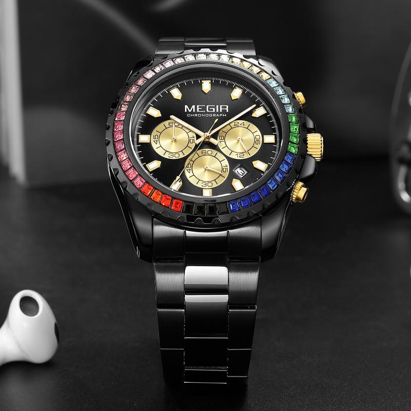 MEGIR Fashion Diamond Inlaid Rainbow Dial Watches Waterproof Luminous Calendar Multifunctional Quartz Watches