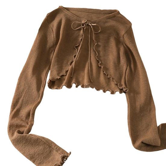 Солнцезащитный трикотажный кардиган для женщин с завязками спереди, длинными рукавами, прозрачной сеткой, пляжной накидкой с оборками и тонкими рубашками с защитой от ультрафиолета