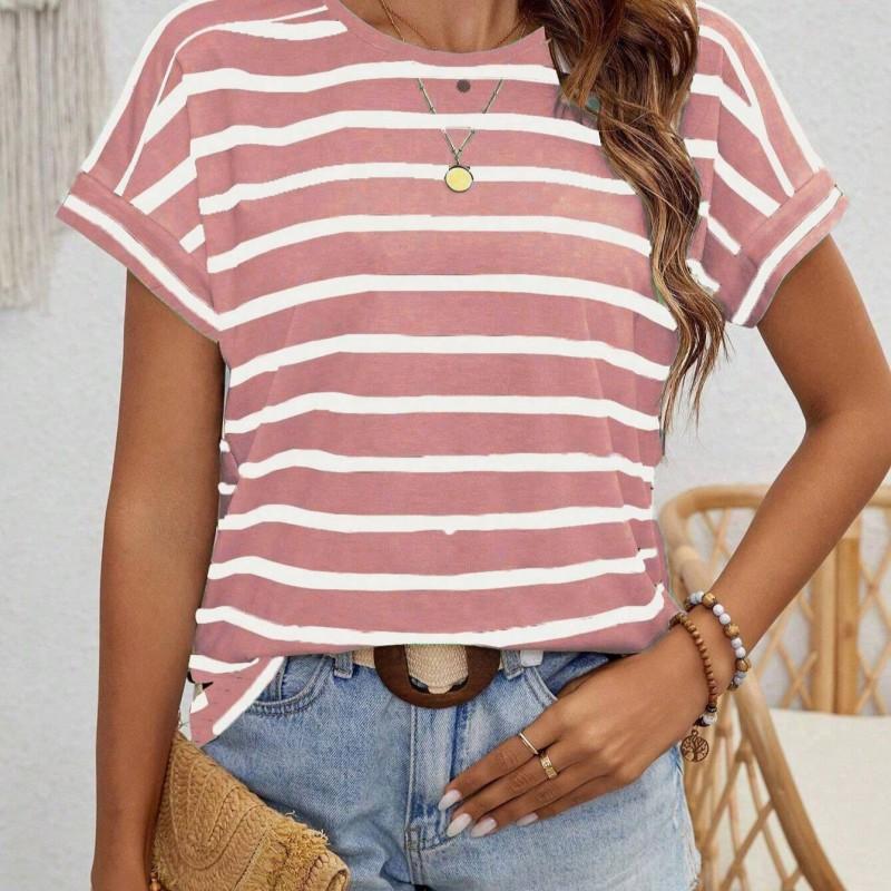 Womens Casual Short Sleeve Round Neck T-Shirt With Striped Print Loose Fit Milk Silk Blend Comfortable 2025