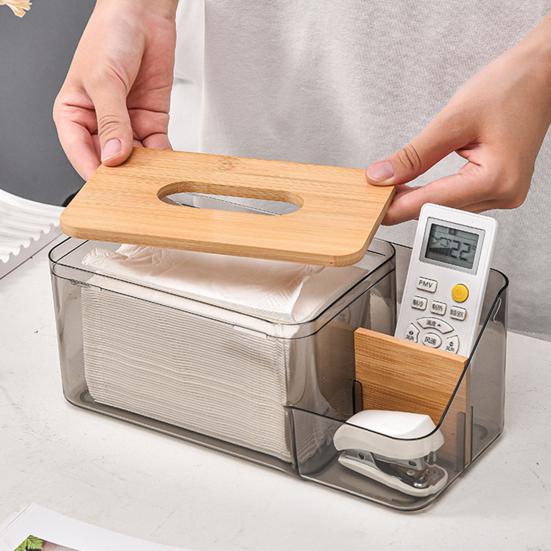 Коробка для салфеток, прозрачный контейнер для салфеток с деревянной крышкой, держатель для хранения с дистанционным управлением для кухни, гостиной