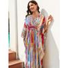 Women's Boho Cover Up, Plus Size Rainbow Tie Dye V Neck Batwing Sleeve Maxi Beach Kaftan Dress